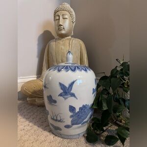 Vintage Blue & White Porcelain Ginger Jar with Lid – Lotus & Bird Design 11” H